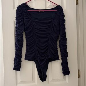 EUC women’s navy blue ruched Zara square neck bodysuit long sleeve large snap